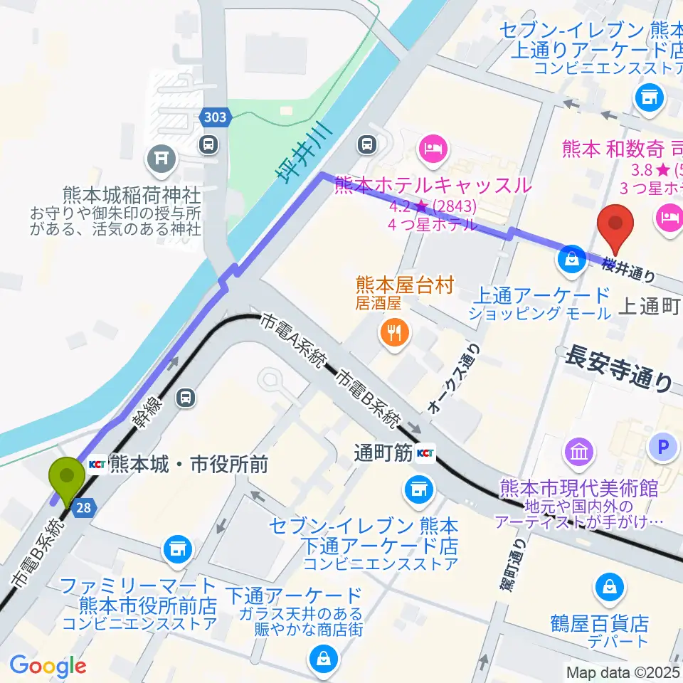 熊本城・市役所前駅から大谷楽器店へのルートマップ地図