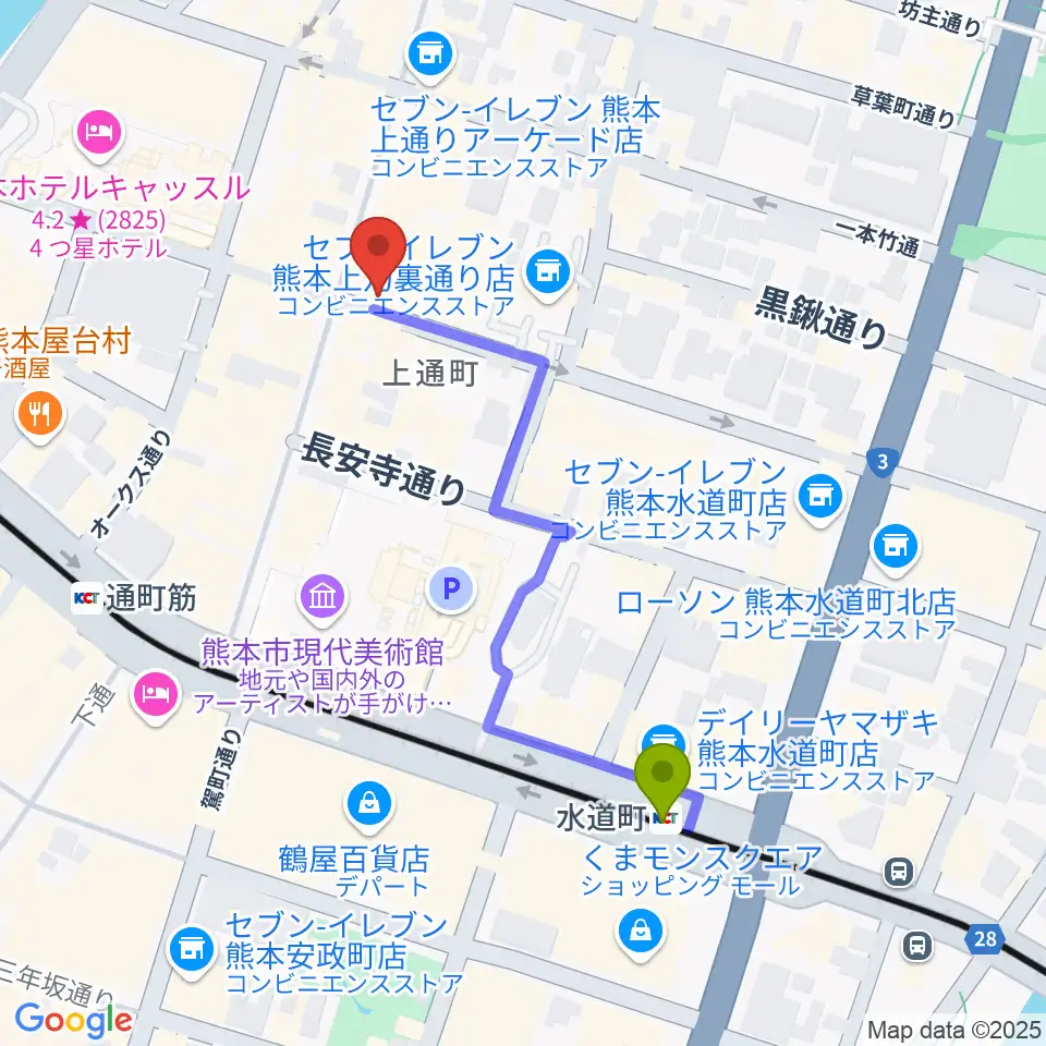 水道町駅から大谷楽器店へのルートマップ地図