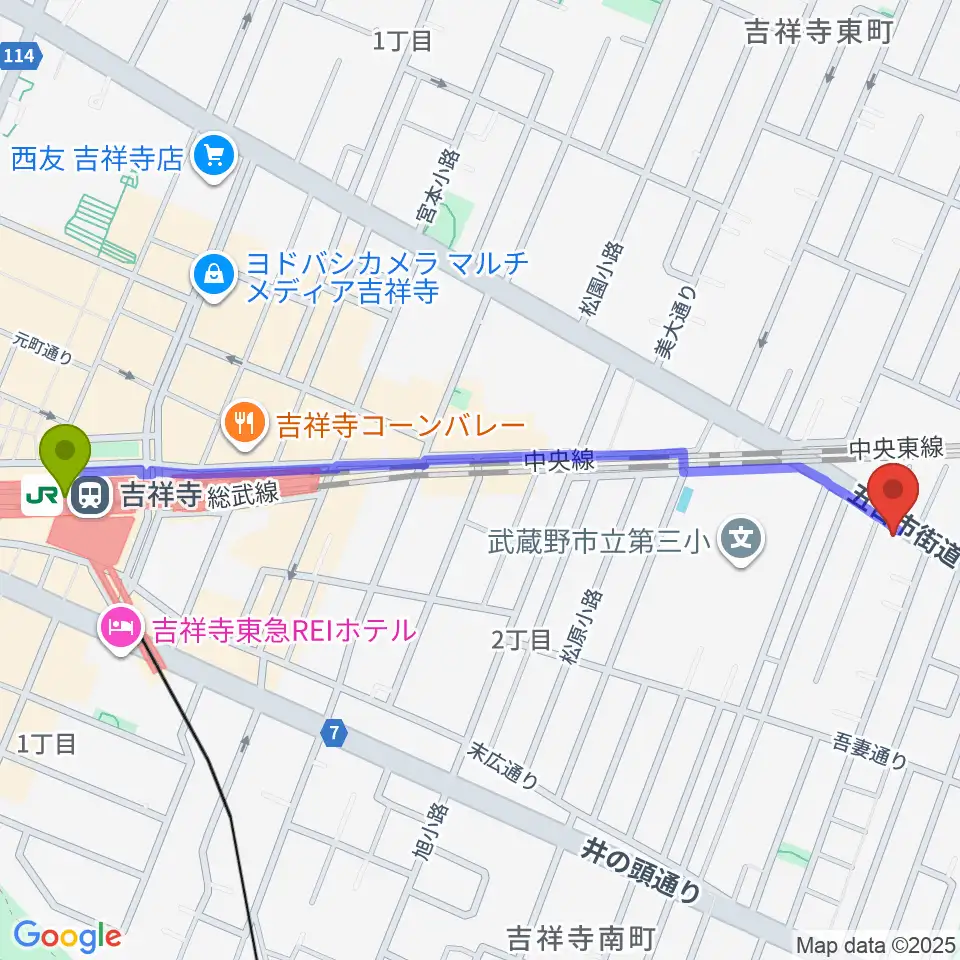 吉祥寺駅から吉祥寺櫂スタジオへのルートマップ地図