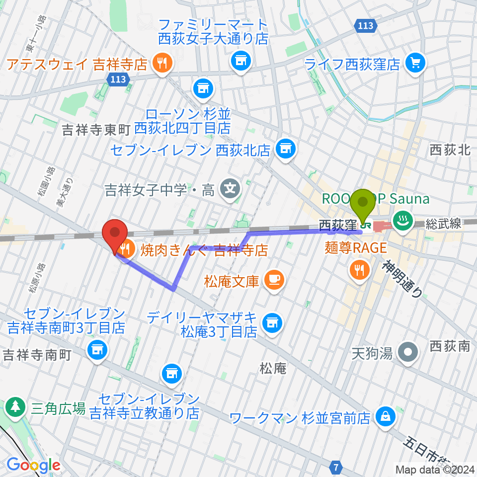 西荻窪駅から吉祥寺櫂スタジオへのルートマップ地図