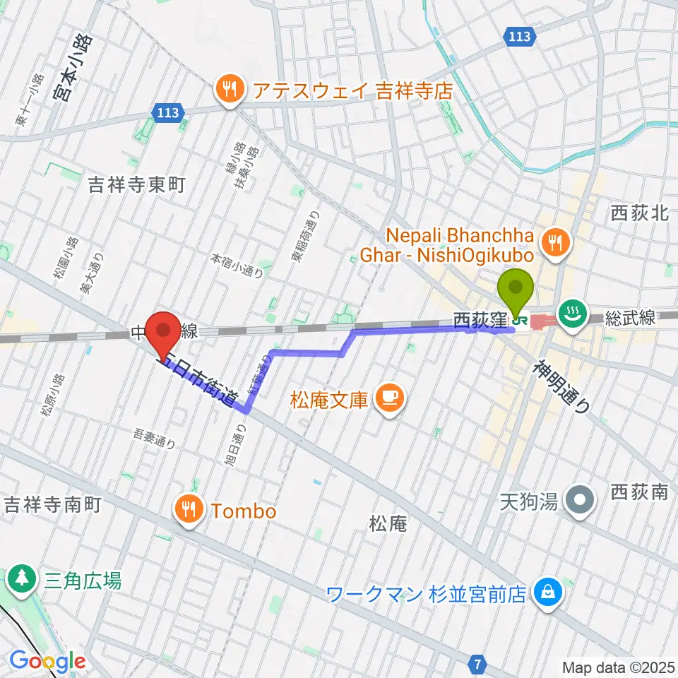 西荻窪駅から吉祥寺櫂スタジオへのルートマップ地図
