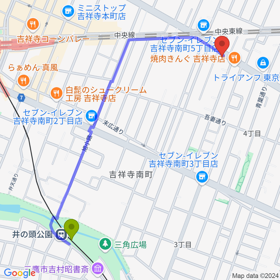 吉祥寺櫂スタジオの最寄駅井の頭公園駅からの徒歩ルート（約13分）地図