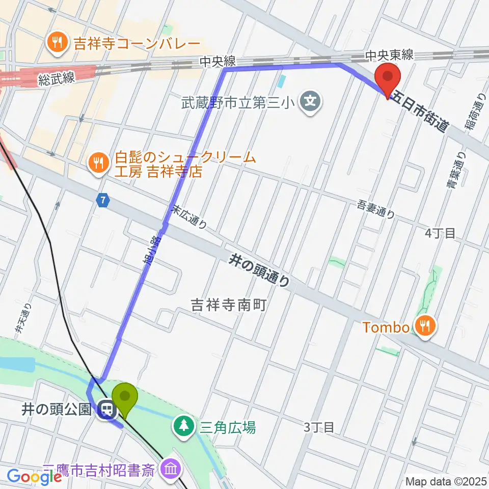 吉祥寺櫂スタジオの最寄駅井の頭公園駅からの徒歩ルート（約13分）地図