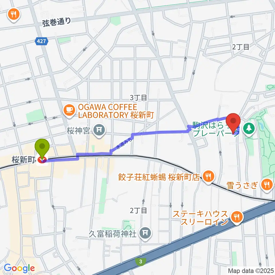 駒沢3丁目ギター＆語学教室の最寄駅桜新町駅からの徒歩ルート（約11分）地図