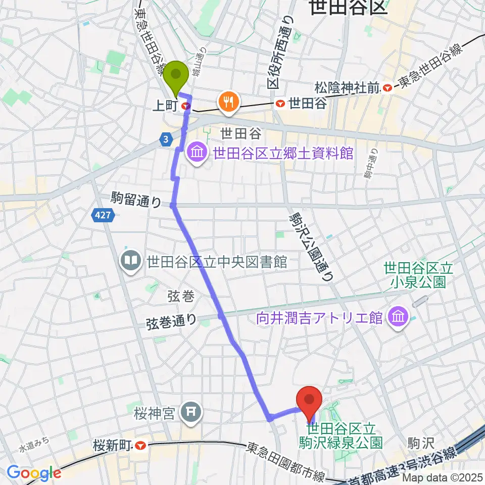上町駅から駒沢3丁目ギター＆語学教室へのルートマップ地図