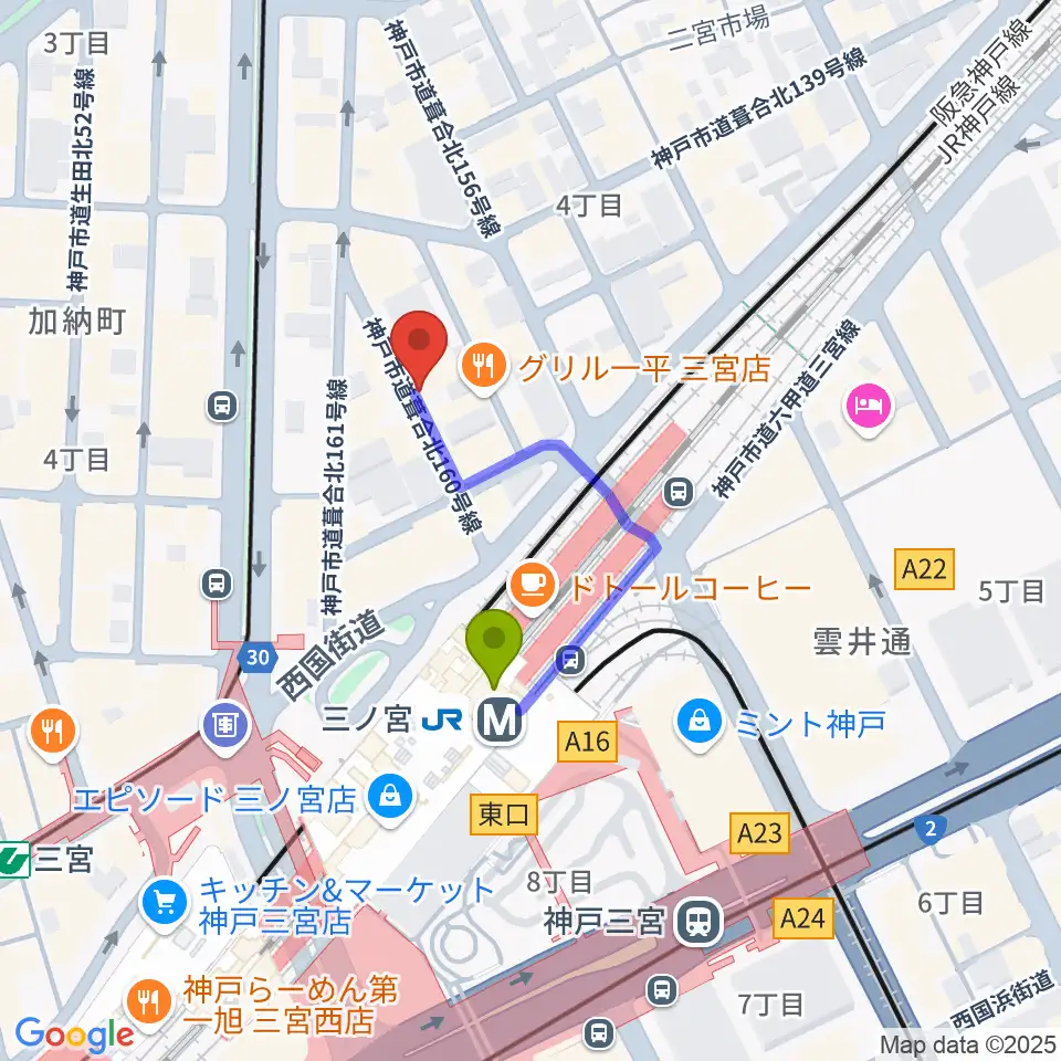 アルマギタースクールの最寄駅三ノ宮駅からの徒歩ルート（約2分）地図