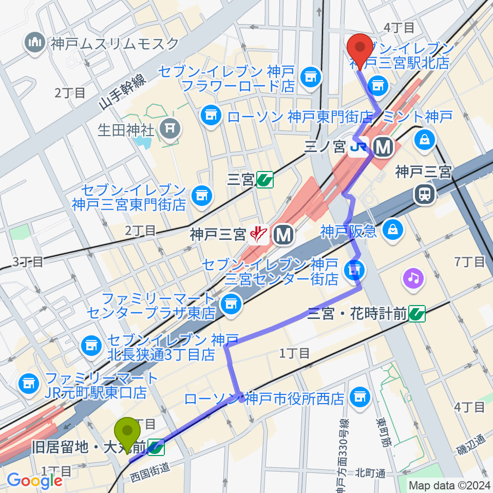 旧居留地・大丸前駅からアルマギタースクールへのルートマップ地図