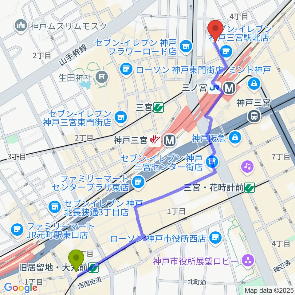 旧居留地・大丸前駅からアルマギタースクールへのルートマップ地図