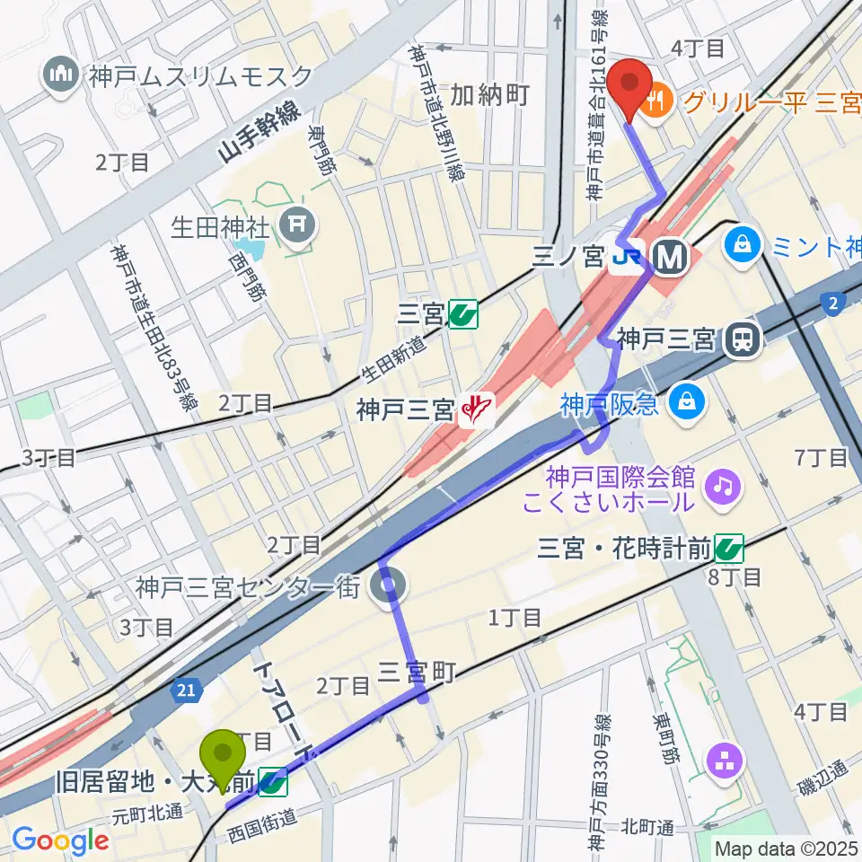 旧居留地・大丸前駅からアルマギタースクールへのルートマップ地図