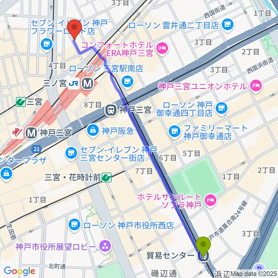 貿易センター駅からアルマギタースクールへのルートマップ地図