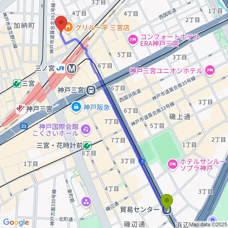 貿易センター駅からアルマギタースクールへのルートマップ地図