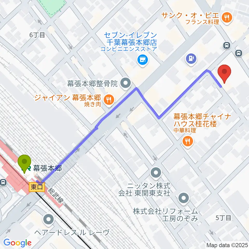 ミュージックスクールジャズンの最寄駅幕張本郷駅からの徒歩ルート（約7分）地図