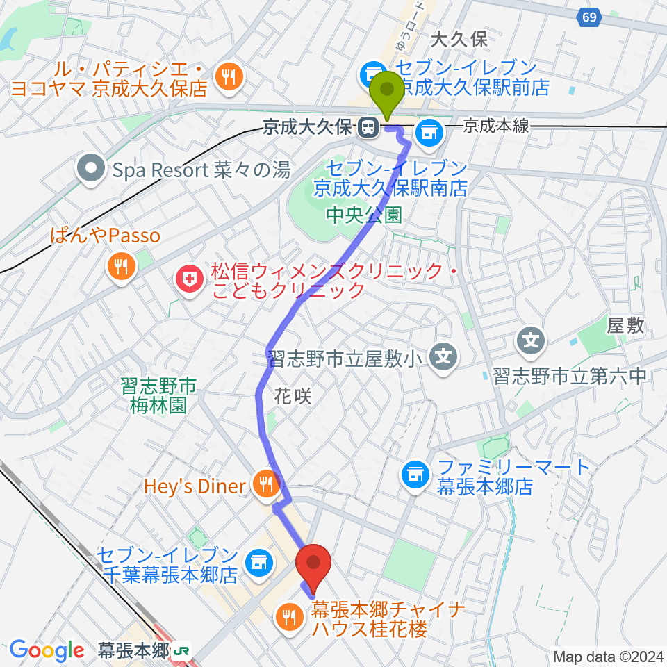 京成大久保駅からミュージックスクールジャズンへのルートマップ地図