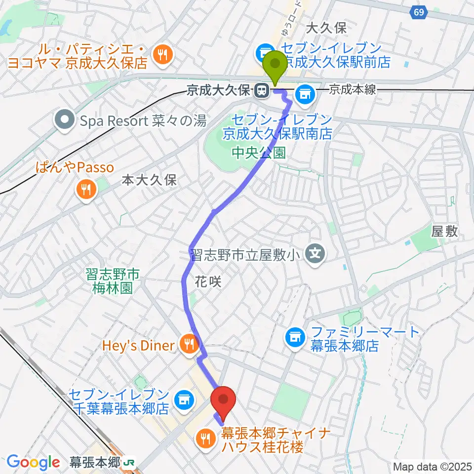 京成大久保駅からミュージックスクールジャズンへのルートマップ地図