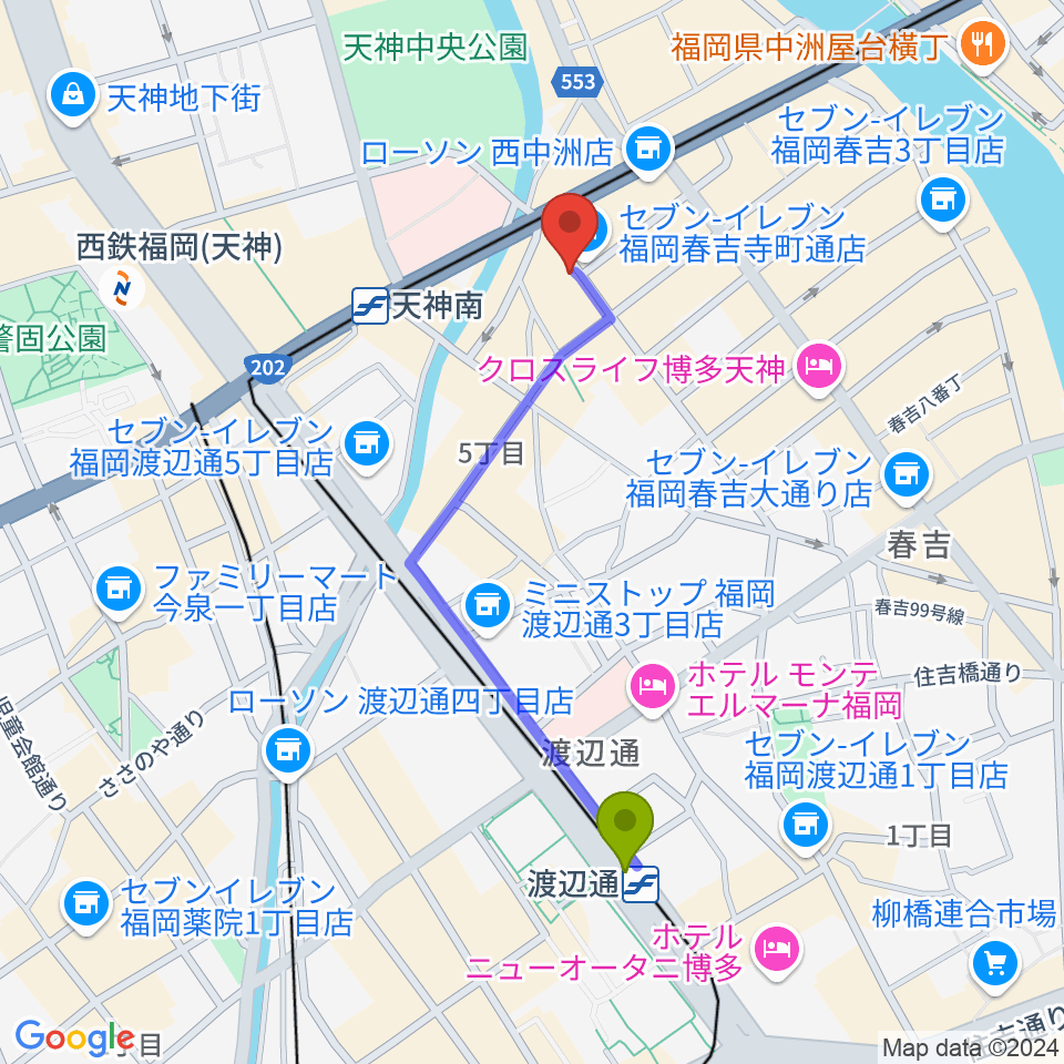 渡辺通駅から福岡ニューコンボへのルートマップ地図