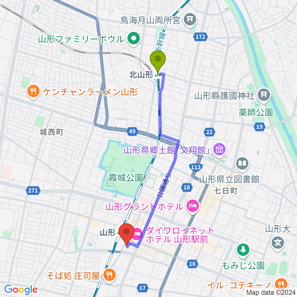 北山形駅からオクテットへのルートマップ地図