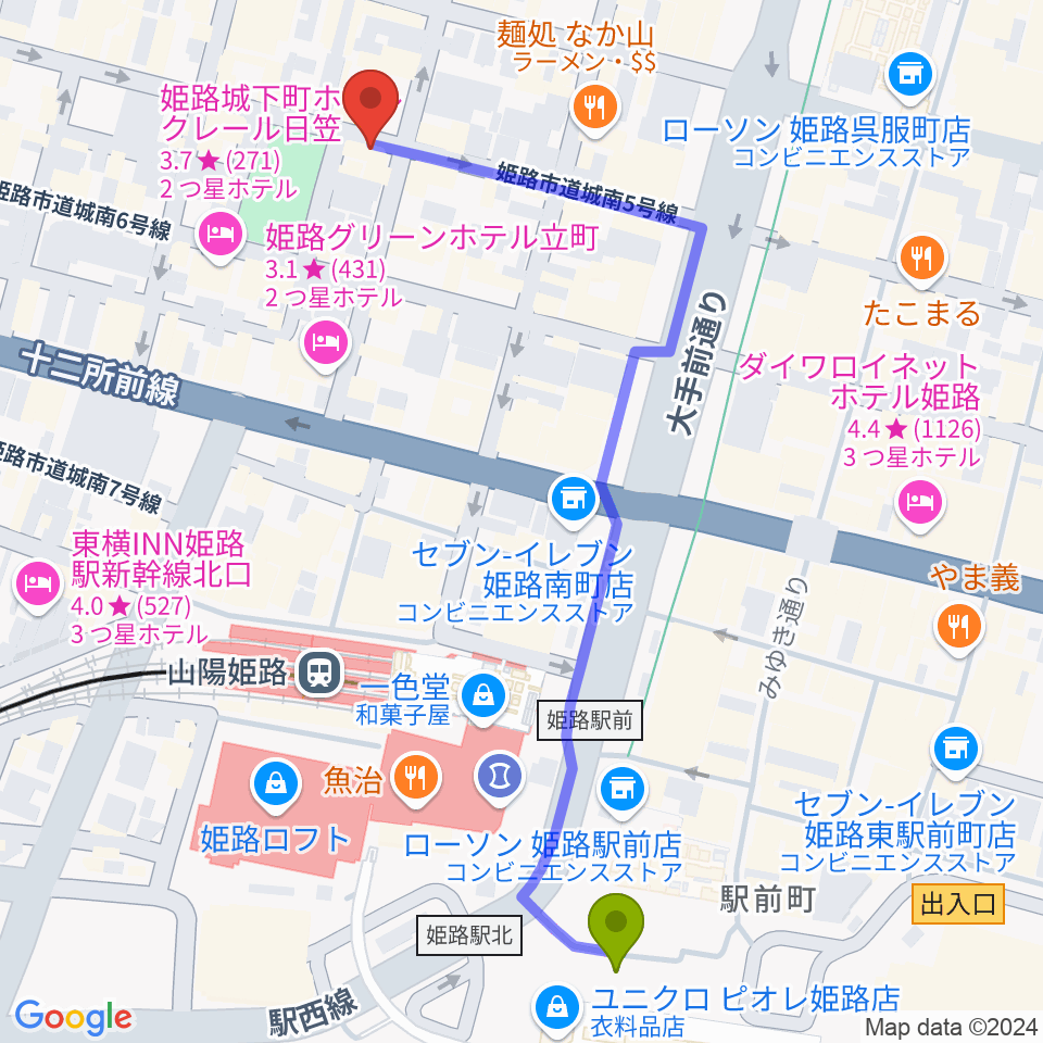 姫路ライラの最寄駅姫路駅からの徒歩ルート（約6分）地図