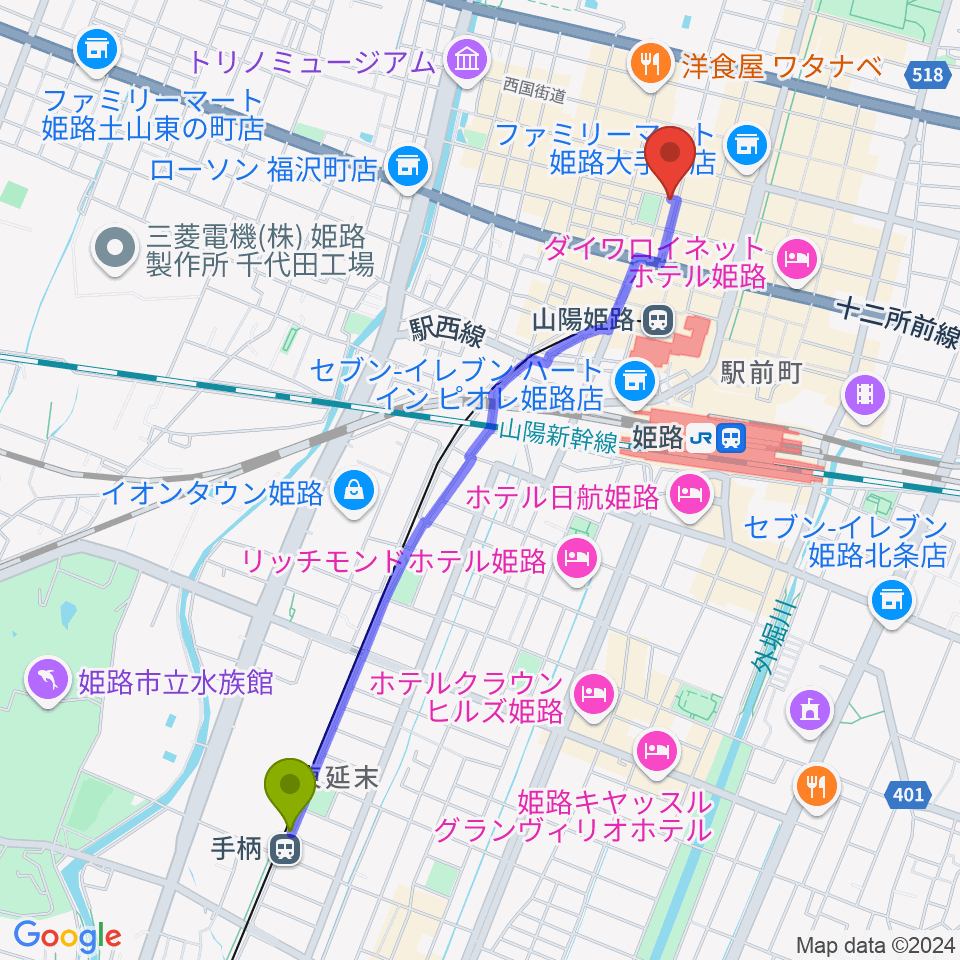 手柄駅から姫路ライラへのルートマップ地図