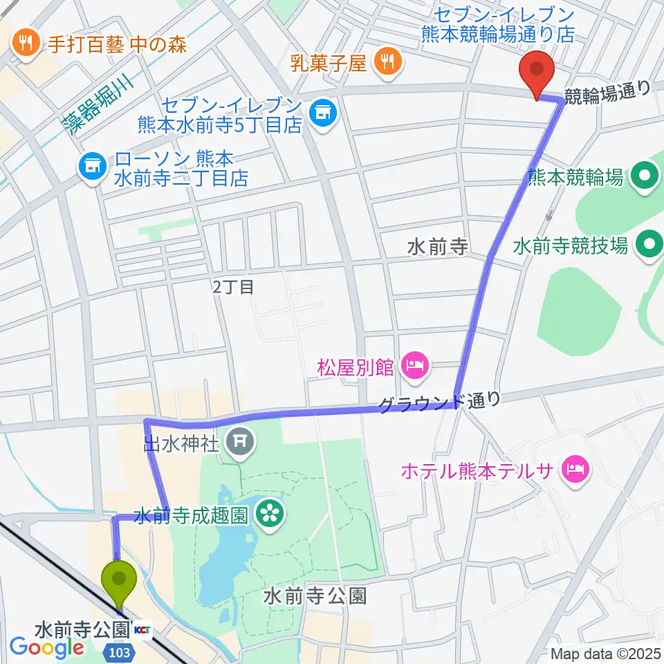 水前寺公園駅からビートニック80へのルートマップ地図