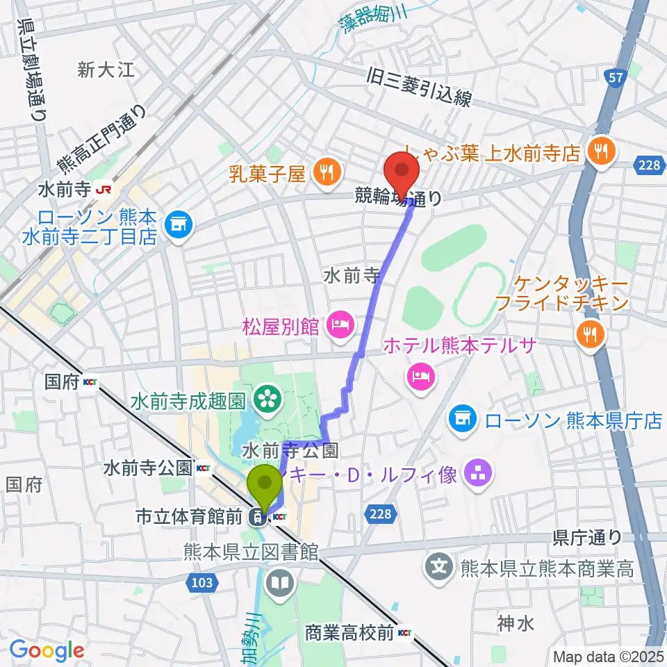 市立体育館前駅からビートニック80へのルートマップ地図