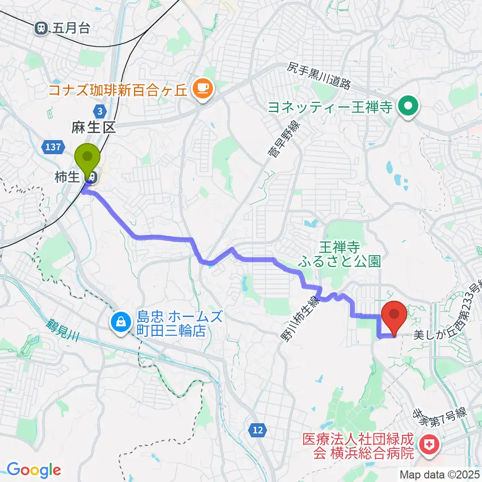 ギター教室アルテの最寄駅柿生駅からの徒歩ルート（約45分）地図
