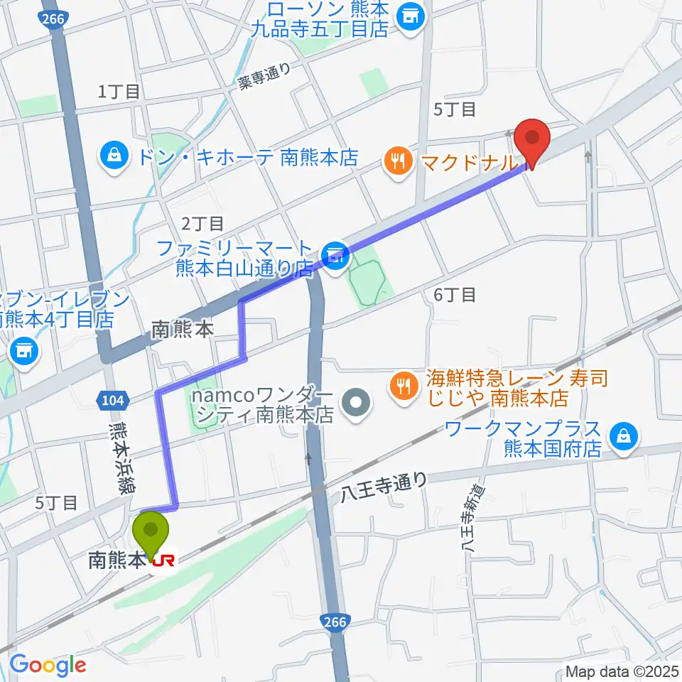 ミュージックファームの最寄駅南熊本駅からの徒歩ルート（約13分）地図