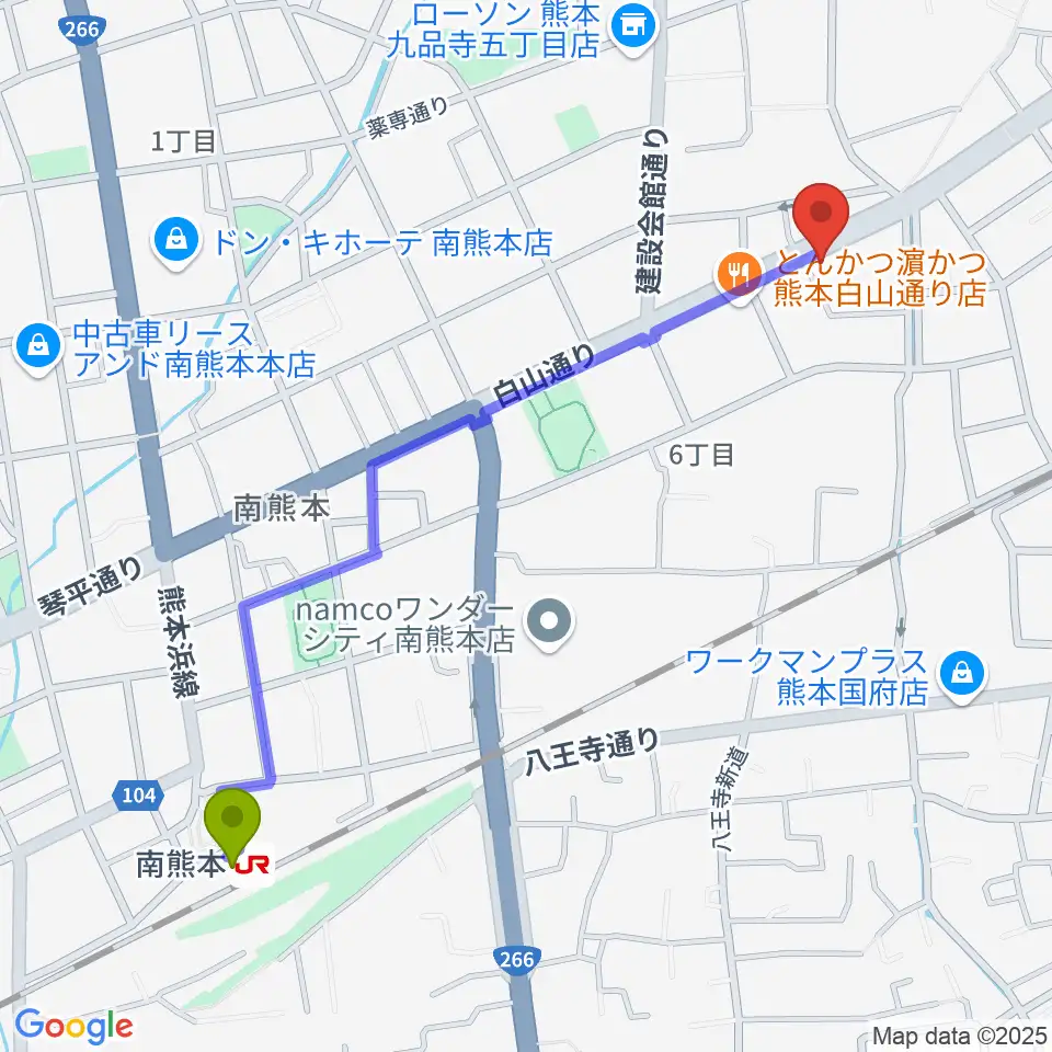 ミュージックファームの最寄駅南熊本駅からの徒歩ルート（約13分）地図