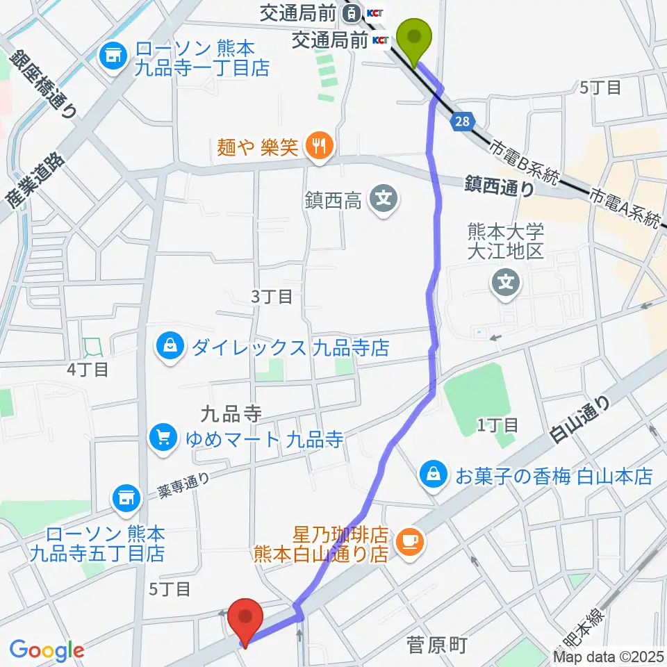 交通局前駅からミュージックファームへのルートマップ地図