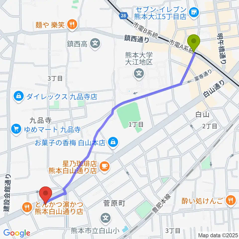 味噌天神前駅からミュージックファームへのルートマップ地図