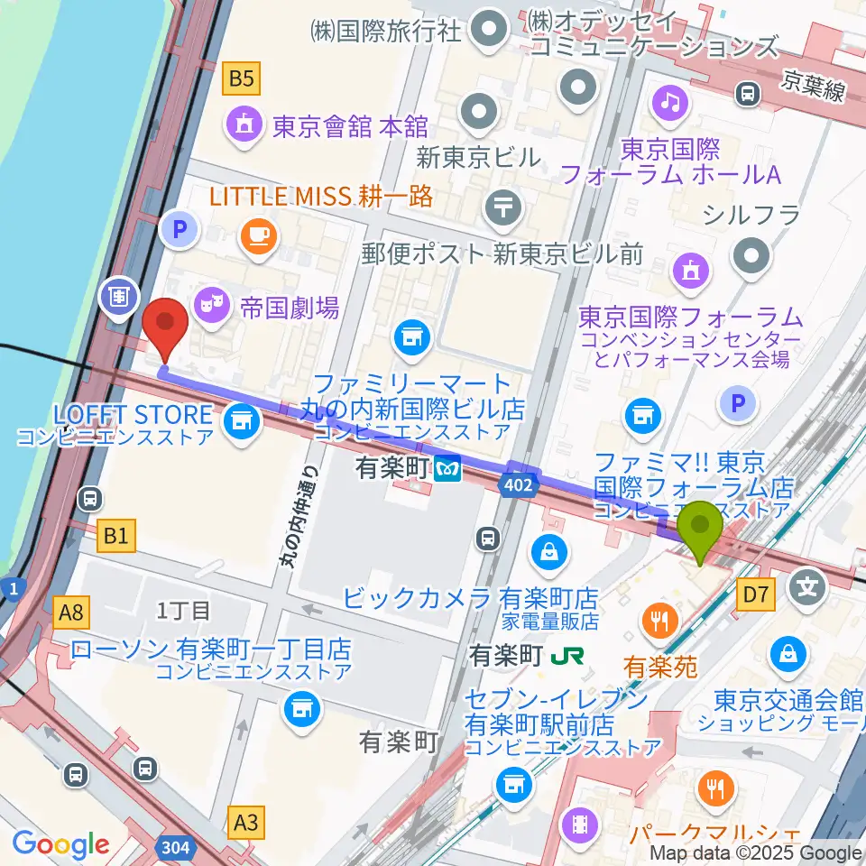 有楽町駅から帝国劇場へのルートマップ地図