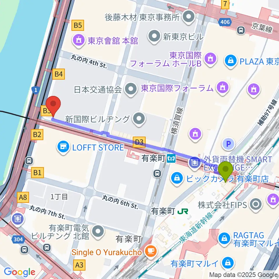 有楽町駅から帝国劇場[休館]へのルートマップ地図