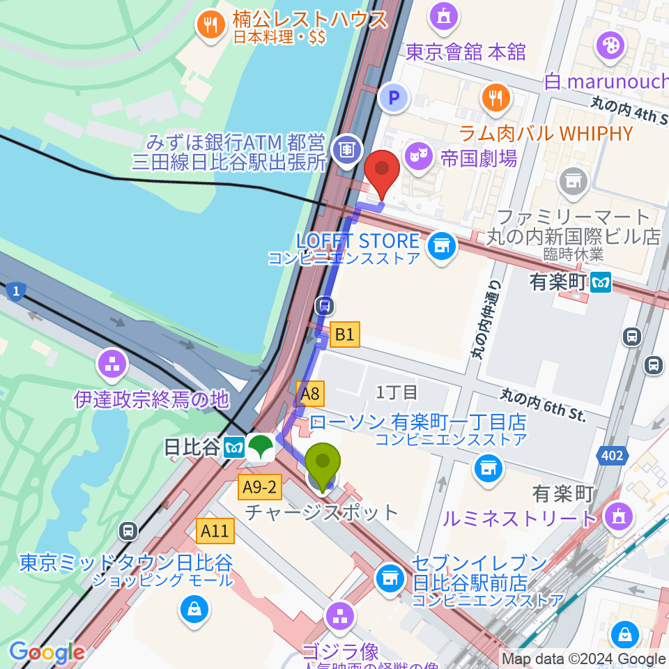 帝国劇場の最寄駅日比谷駅からの徒歩ルート（約3分）地図