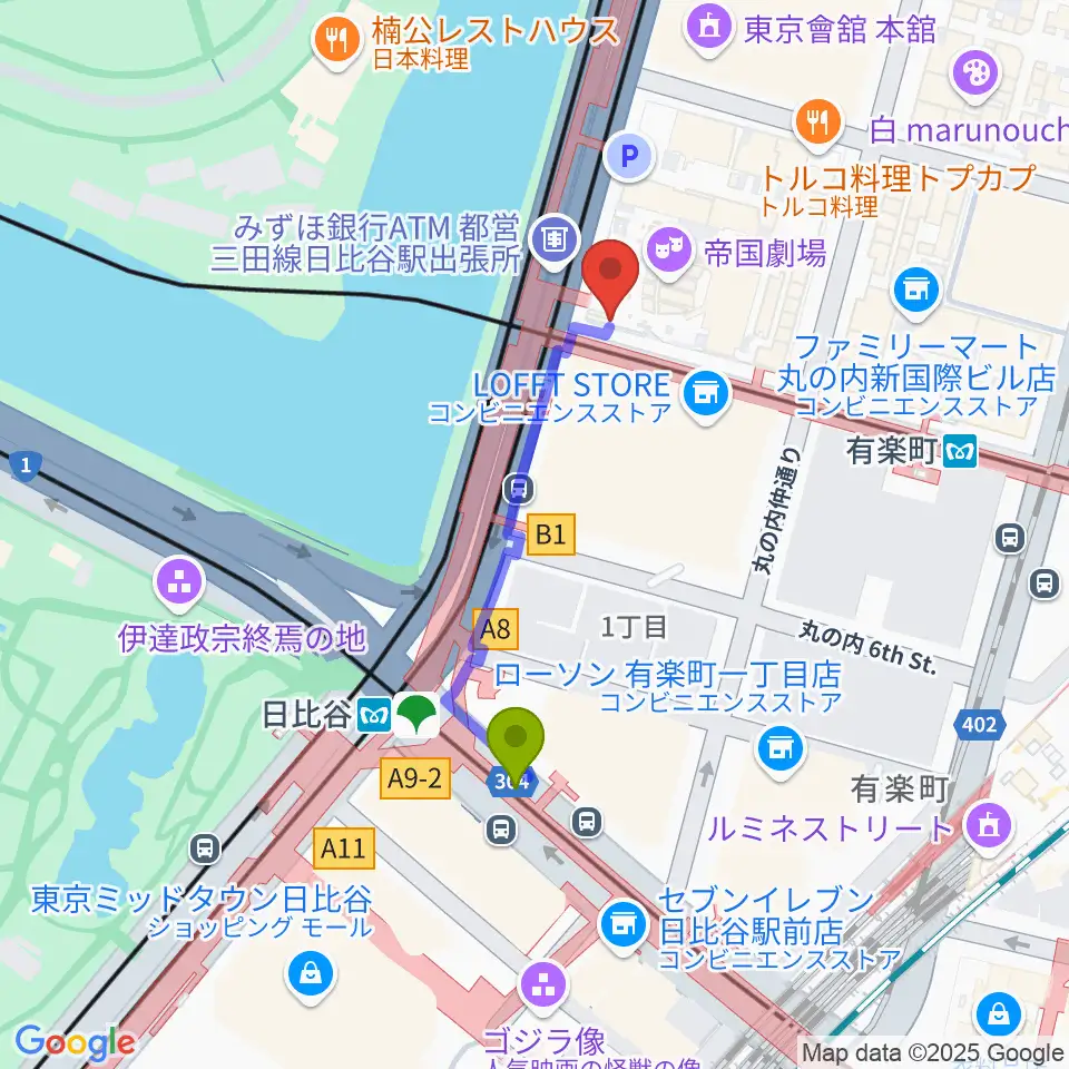 帝国劇場の最寄駅日比谷駅からの徒歩ルート（約3分）地図