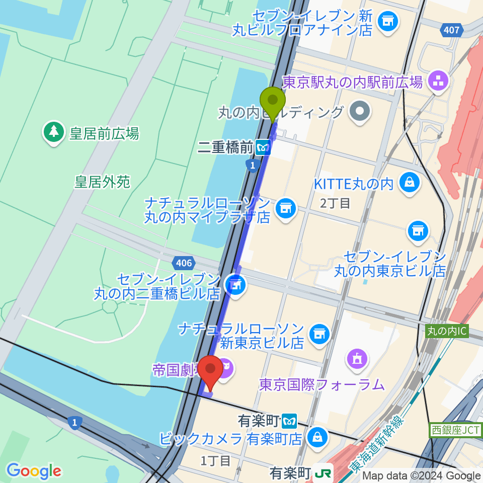 二重橋前駅から帝国劇場へのルートマップ地図