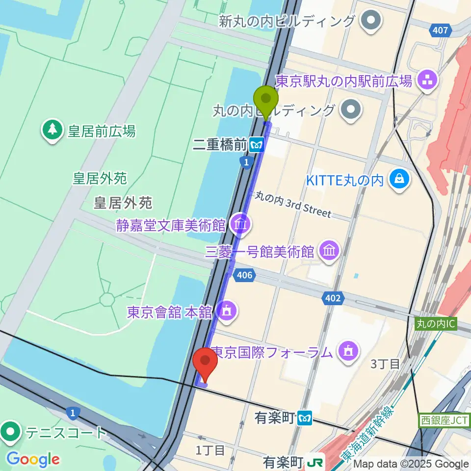 二重橋前駅から帝国劇場[休館]へのルートマップ地図