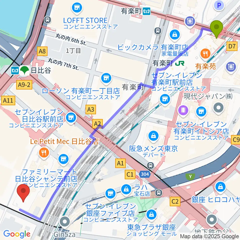 有楽町駅からシアタークリエへのルートマップ地図