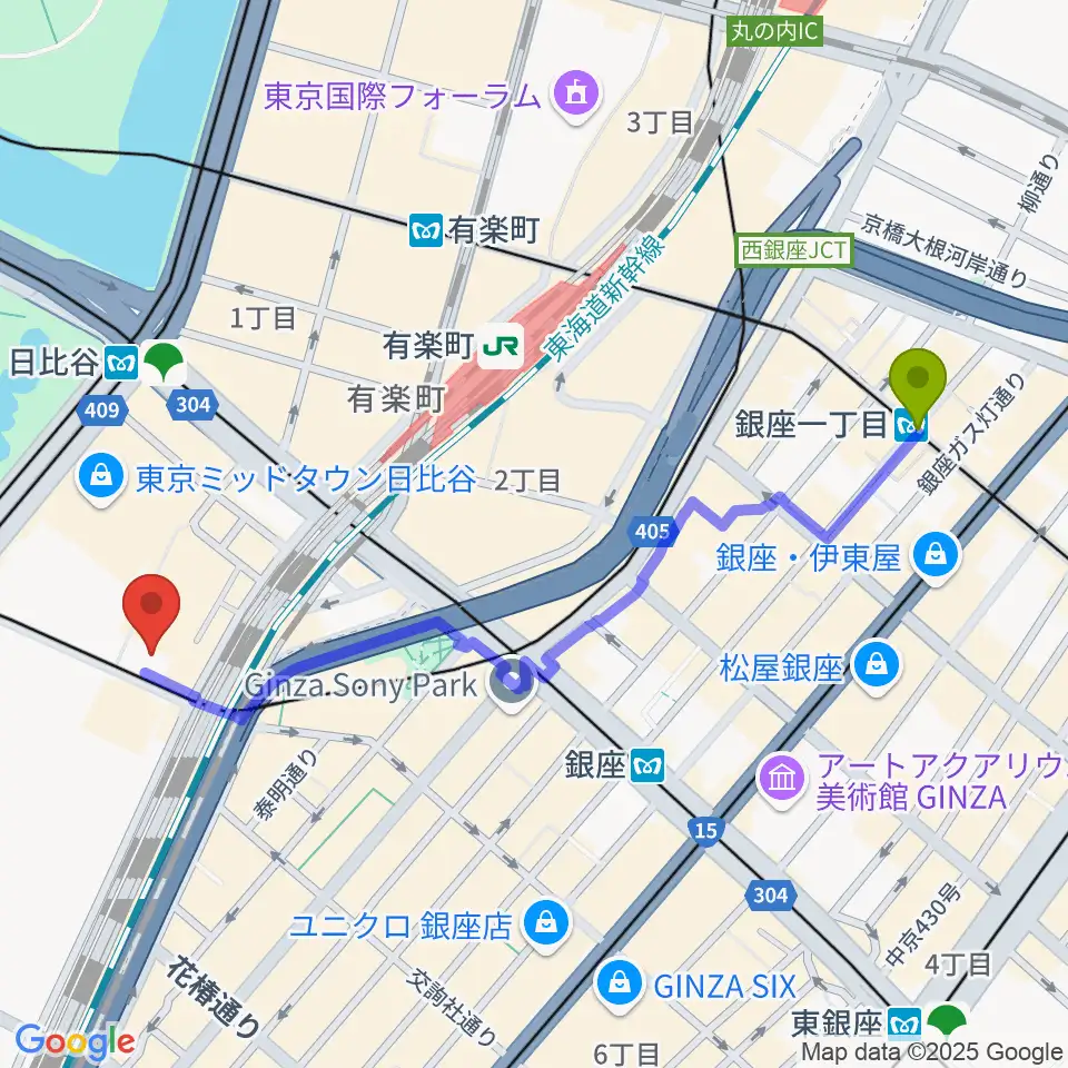 銀座一丁目駅からシアタークリエへのルートマップ地図