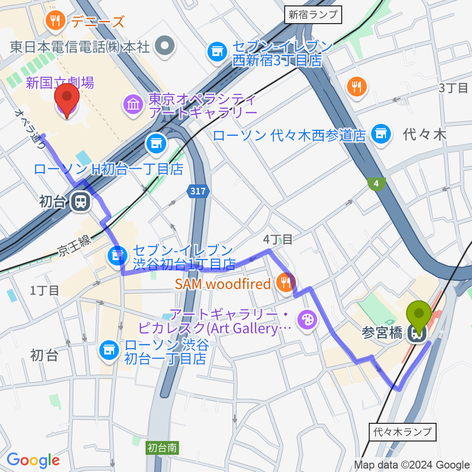 参宮橋駅から新国立劇場へのルートマップ地図