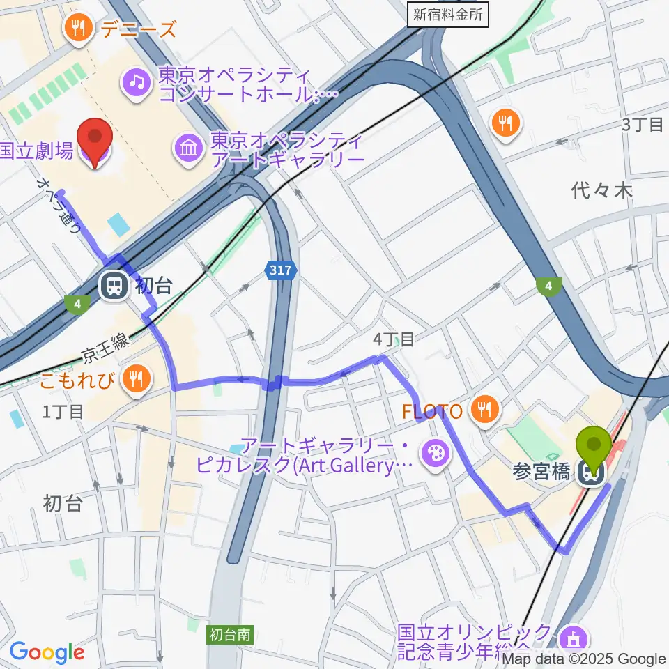 参宮橋駅から新国立劇場へのルートマップ地図