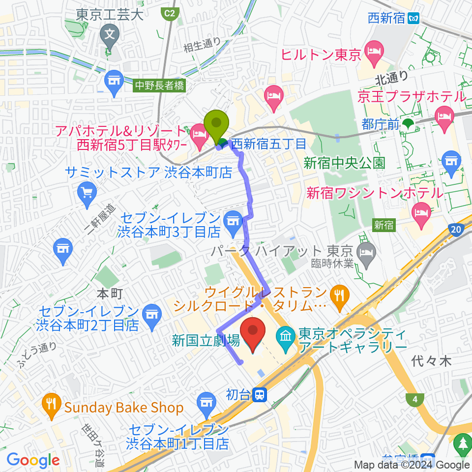西新宿五丁目駅から新国立劇場へのルートマップ地図