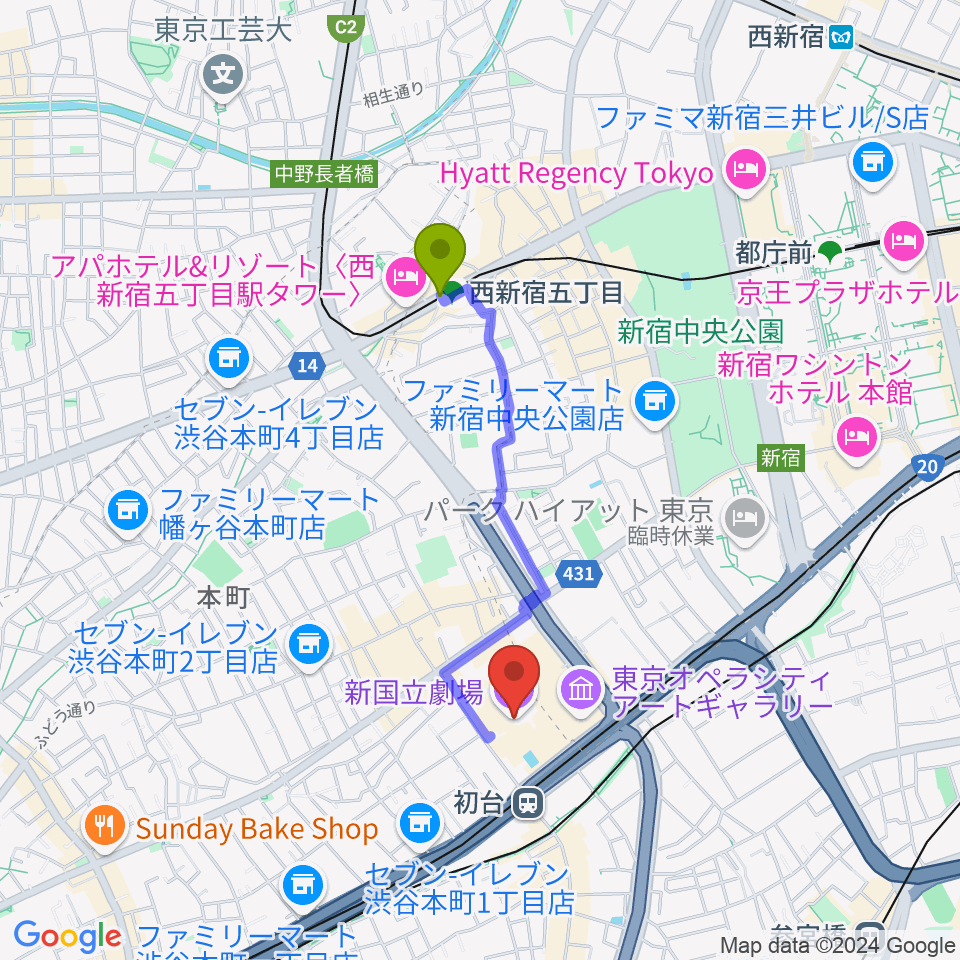 西新宿五丁目駅から新国立劇場へのルートマップ地図