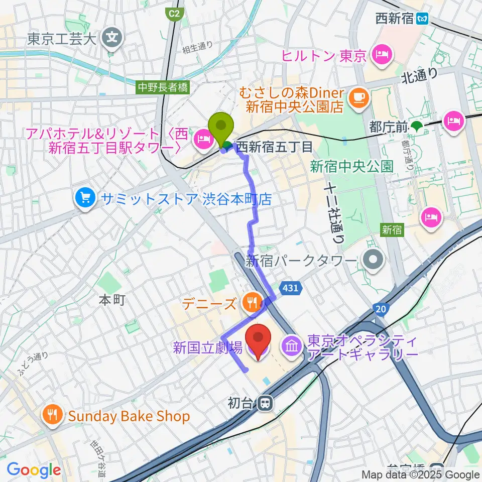 西新宿五丁目駅から新国立劇場へのルートマップ地図
