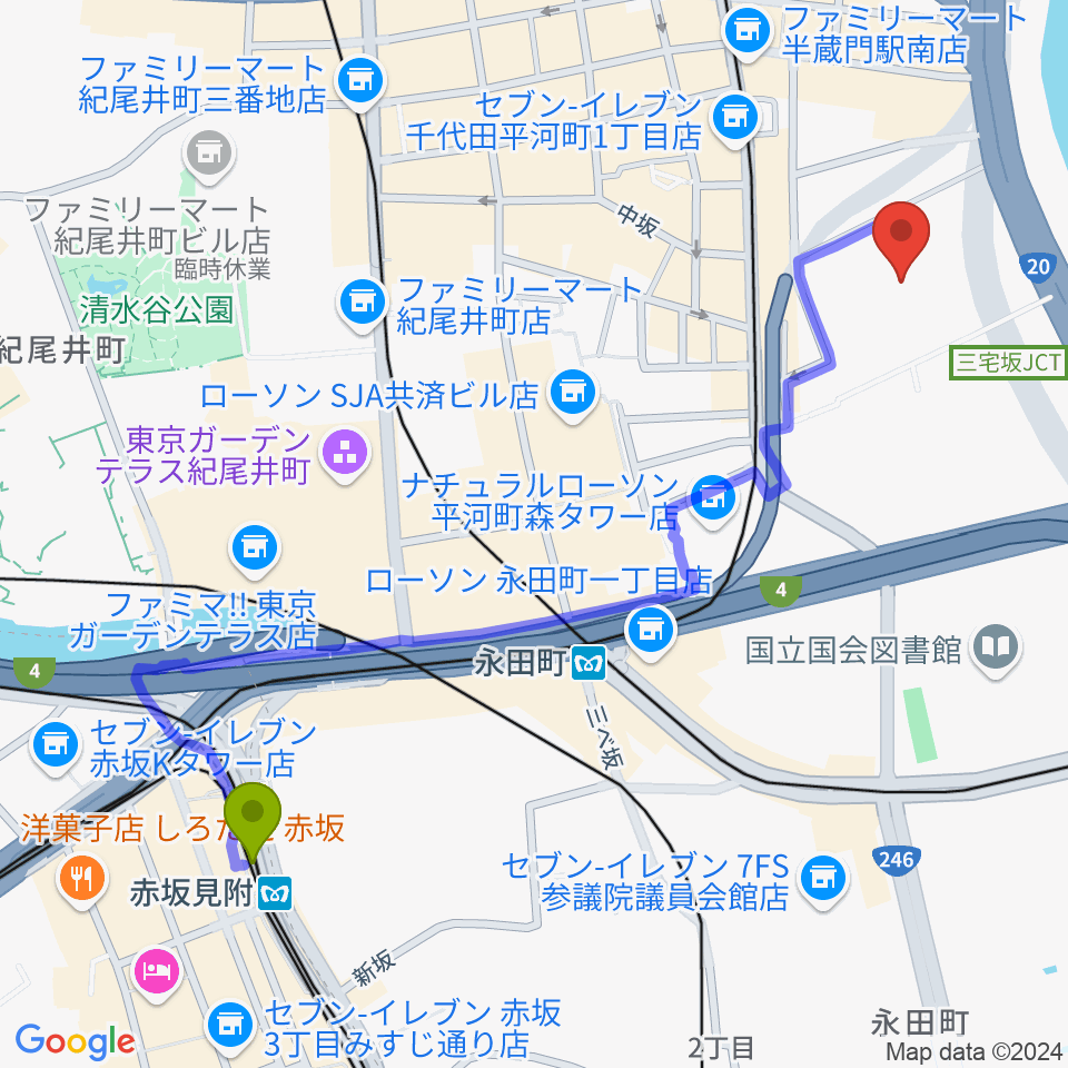 赤坂見附駅から国立劇場へのルートマップ地図