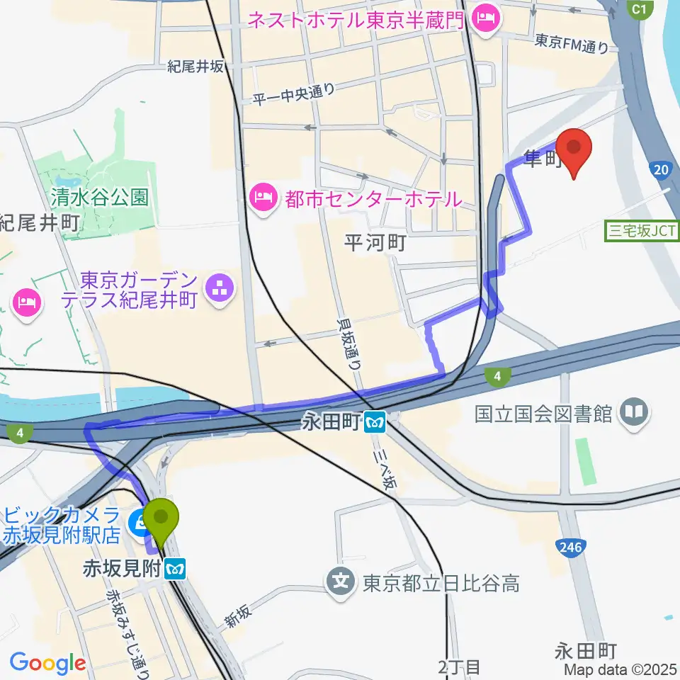 赤坂見附駅から国立劇場へのルートマップ地図