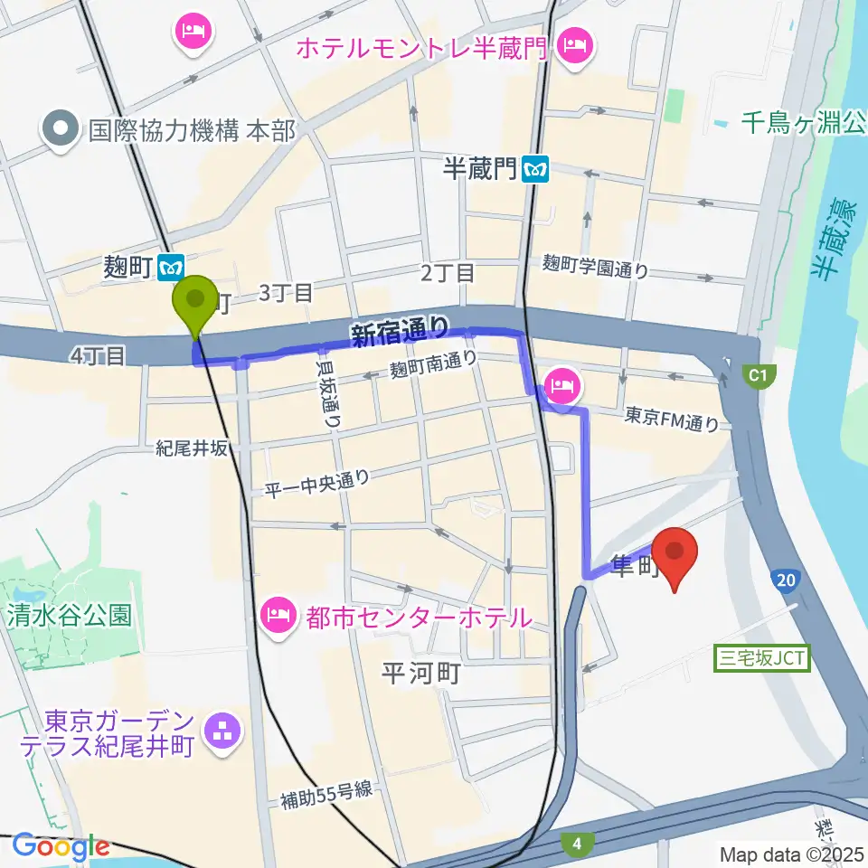 麹町駅から国立劇場へのルートマップ地図