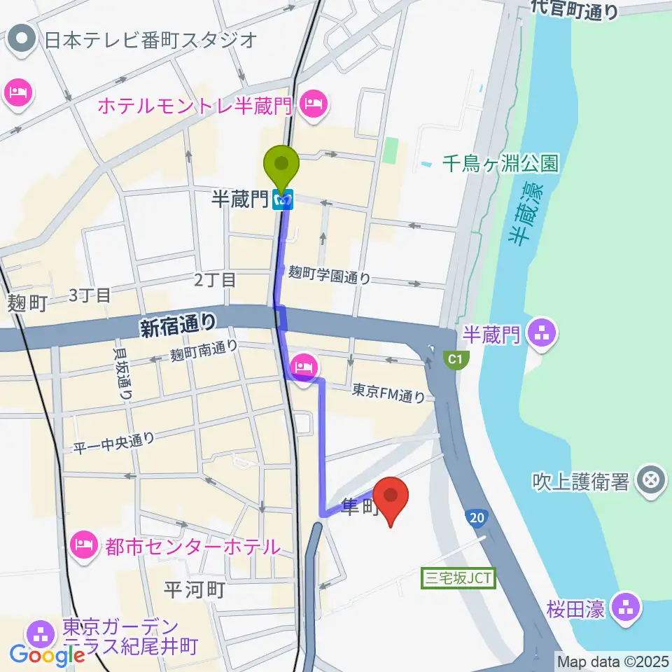 国立劇場の最寄駅半蔵門駅からの徒歩ルート（約8分）地図