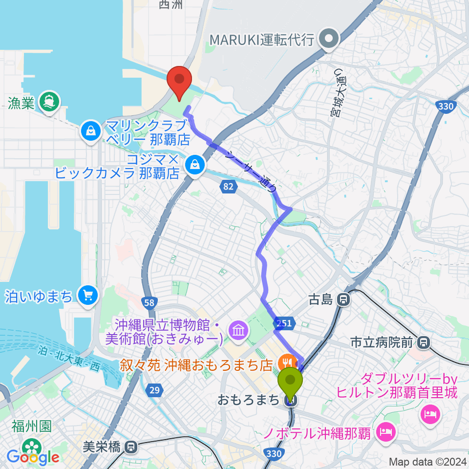 おもろまち駅から国立劇場おきなわへのルートマップ地図