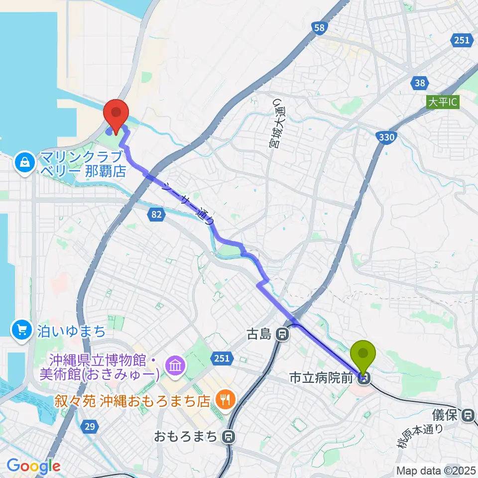 市立病院前駅から国立劇場おきなわへのルートマップ地図