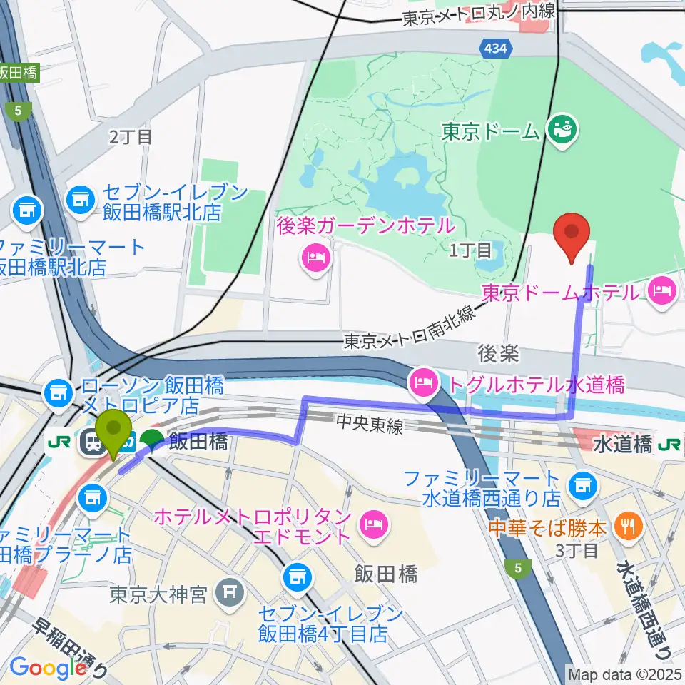 飯田橋駅から後楽園ホールへのルートマップ地図