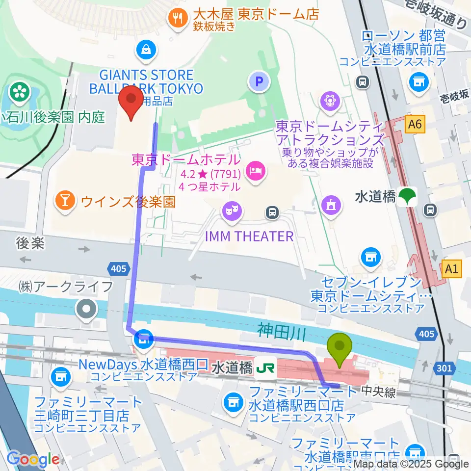 後楽園ホールの最寄駅水道橋駅からの徒歩ルート（約5分）地図